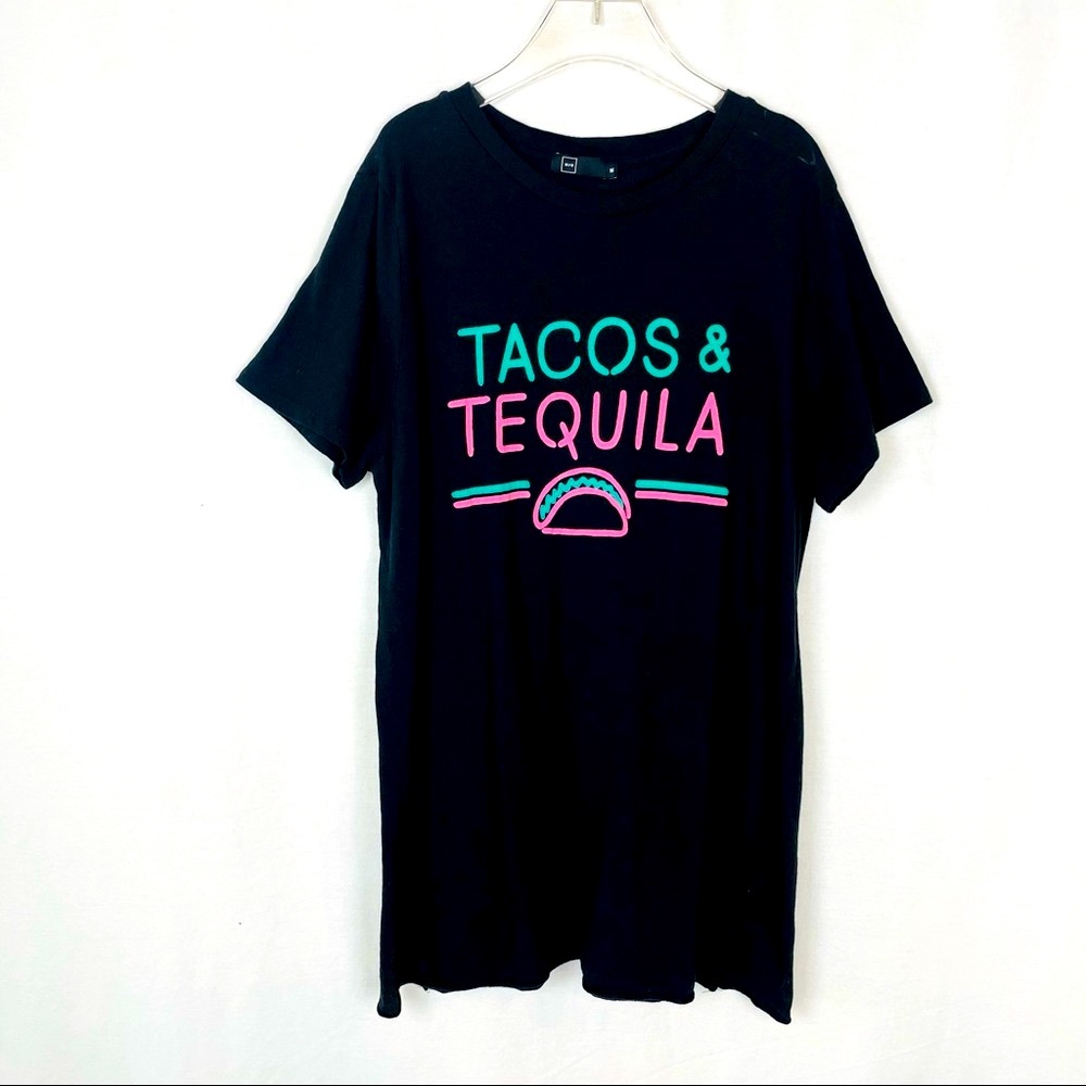 M/C Neon Tacos & Tequila Black T-shirt Basic Funny Top Womens Medium cotton